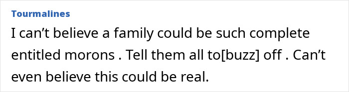 Screenshot of a forum comment expressing disbelief about a family demanding one person host Christmas dinner without helping.