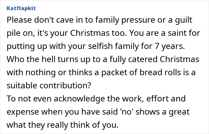 Alt text: Family demands person hosts Christmas dinner despite not helping, highlighting unfair expectations and family pressure.