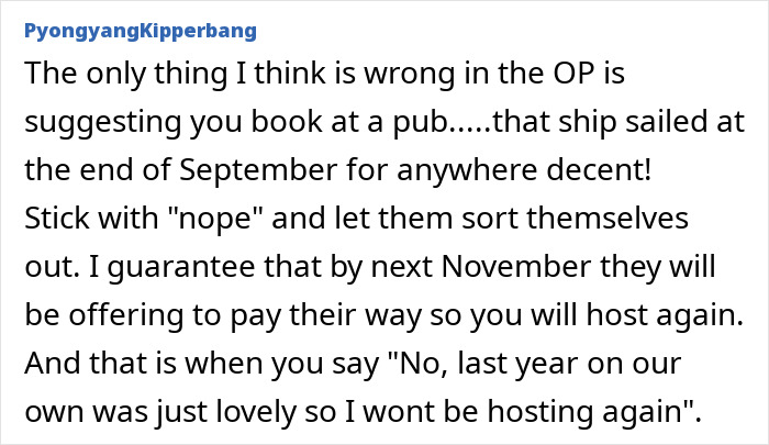 Alt text: Family demands person hosts Christmas dinner despite not helping, highlighting unfair expectations and earning the most.