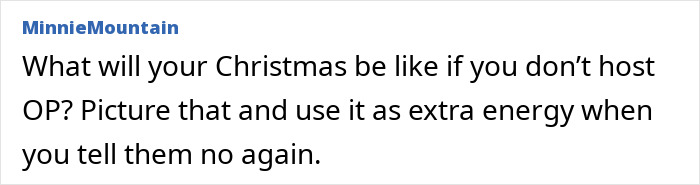 Comment on family demands person hosts Christmas dinner while not helping, highlighting unfair expectations.