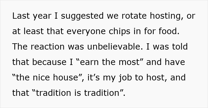 Text excerpt about family demands person to host Christmas dinner due to earning the most and tradition expectations.