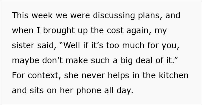 Text discussing family demands person hosts Christmas dinner while not helping, highlighting unfair contribution and cost concerns.