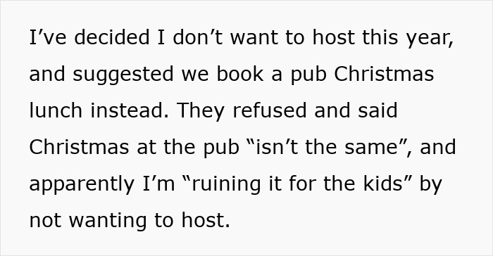 Text excerpt about refusing to host Christmas dinner despite family demands, highlighting hosting and Christmas dinner conflict.