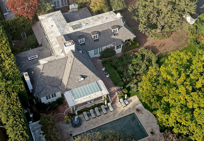 Aerial view of a large residential property with pool and garden, related to Rob Reiner's disturbing last words confession.