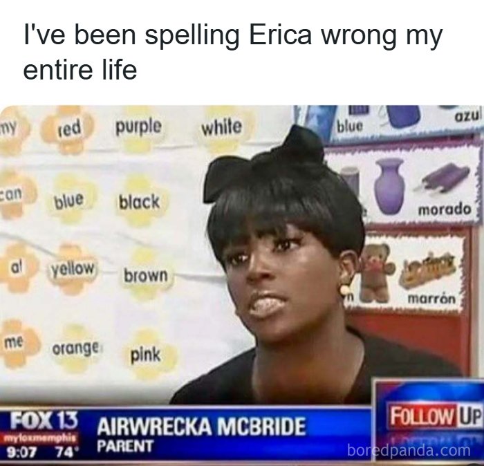 Woman with a black bow ironically labeled as parent Airwrecka McBride in a meme about humor handling reality challenges