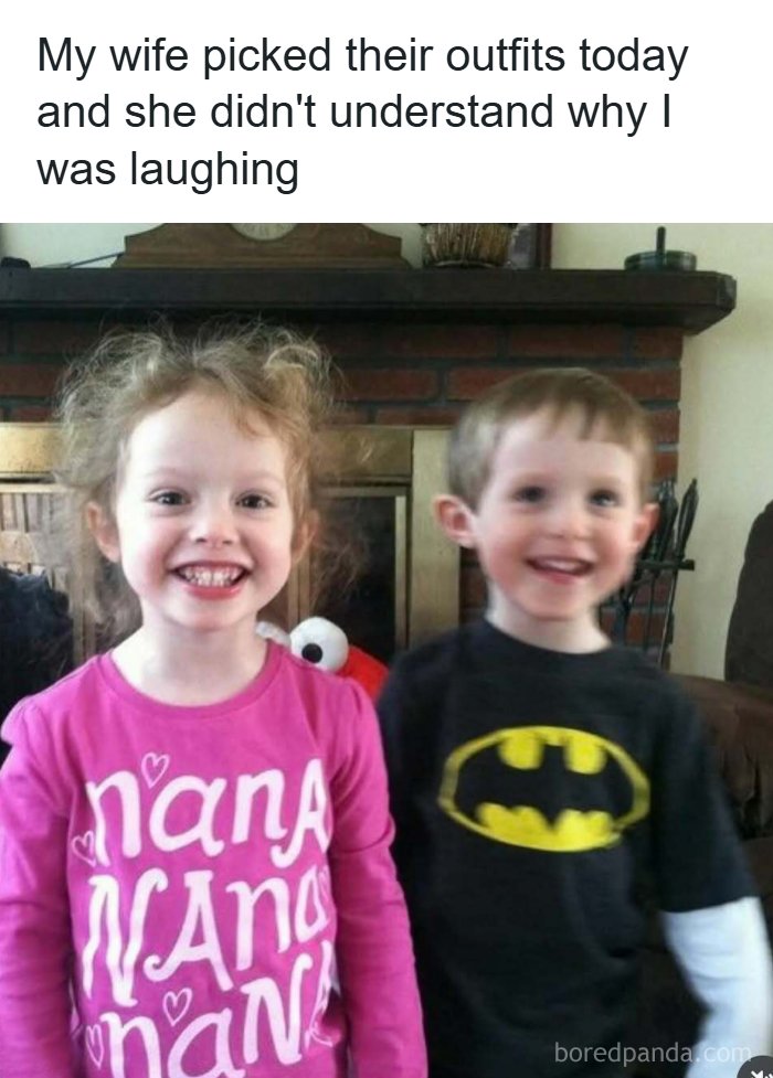 Two children wearing mismatched outfits, a humorous moment captured to handle reality with memes and humor.