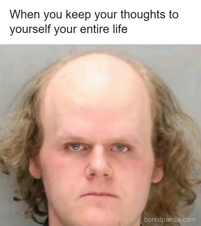 Bald man with serious expression representing memes to handle reality with humor and hidden thoughts.