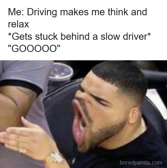 Man with distorted face yelling, meme expressing frustration while driving, humor to handle reality with memes.