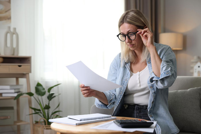 Woman reviewing HOA rules with glasses on, sitting at a table with papers and a calculator indoors.