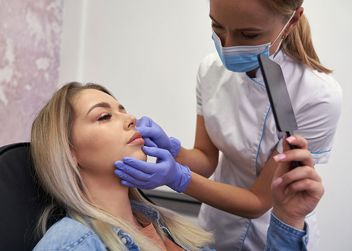 Woman receiving cosmetic treatment from a professional, highlighting the contrast with the no makeup look discussion online.