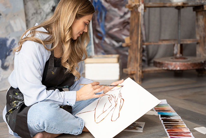 Young woman painting her first real drawing at home as her dad playfully "fixes" it, sparking playful criticism. Young woman painting her first real drawing at home as her dad playfully "fixes" it, sparking playful criticism.