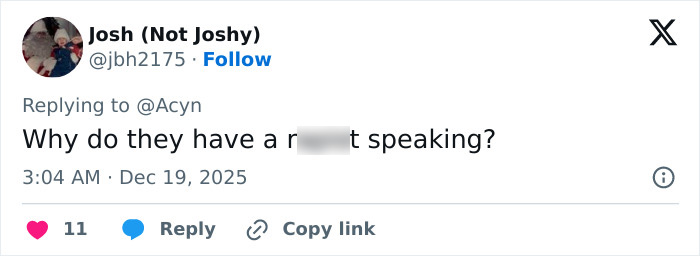 Tweet by user Josh expressing frustration about someone speaking, illustrating Russell Brand's bitter reaction to Katy Perry and Justin Trudeau news.