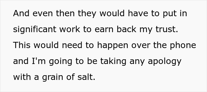 Text excerpt about trust issues and cautious communication related to being held hostage at parents' place and seeking resolution.