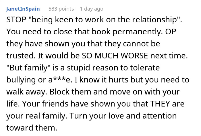 Screenshot of online advice discussing being held hostage at parents&rsquo; place, urging to block and move on for mental well-being.