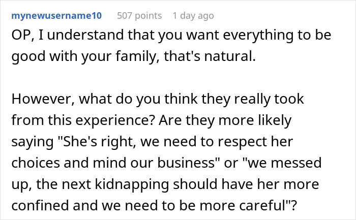 Comment discussing feelings of being held hostage at parents' place, reflecting on respect and family boundaries in a forum post.
