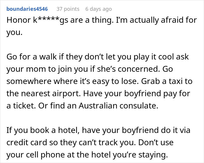 Reddit advice on how to escape being held hostage at parents&rsquo; place, including tips on traveling and staying safe.
