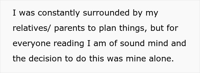 Text about feeling held hostage at parents&rsquo; place, expressing sound mind and personal decision despite being surrounded by relatives.