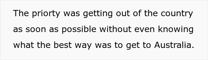 Text on a white background discusses the priority of escaping a hostage situation at parents&rsquo; place without knowing how to get to Australia.