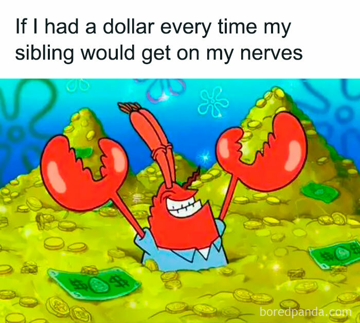 Cartoon crab smiling widely while surrounded by piles of money, representing sibling memes about getting on nerves.