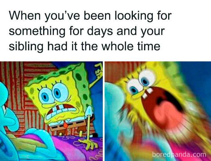 SpongeBob expressing shock and frustration when a sibling has had something you were looking for, sibling memes humor.