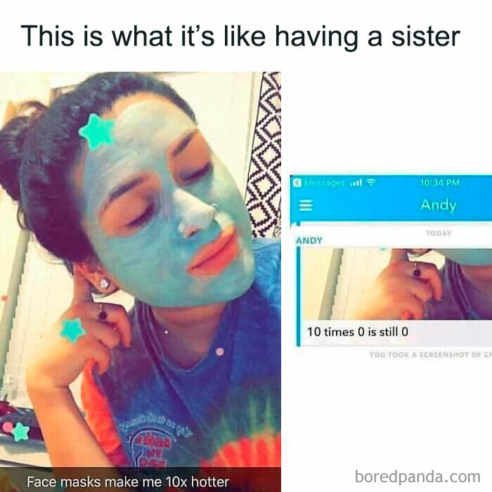 Young woman with a face mask and a humorous sibling text message, illustrating sibling memes and moments.