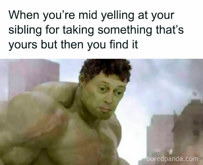 Meme showing a confused Hulk with text about yelling at siblings for taking something then finding it, sibling memes concept.