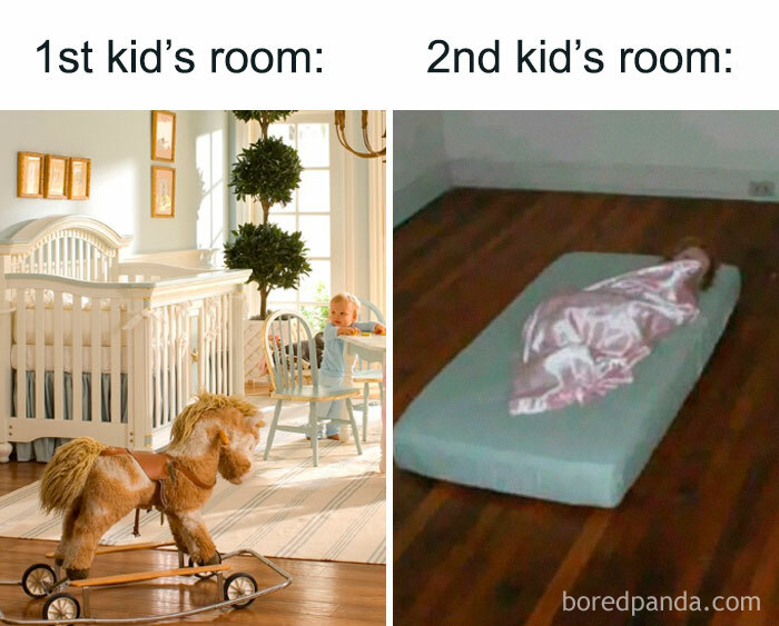 Comparison of siblings’ rooms showing a fancy setup for the first child and a simple mattress for the second, illustrating sibling memes.