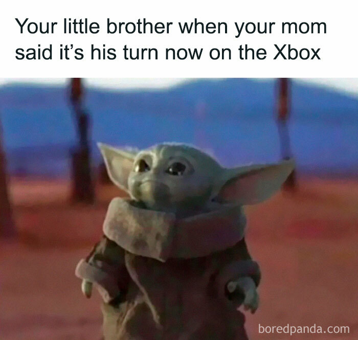 Baby Yoda looking determined, representing sibling memes about sharing the Xbox and sibling relationships.
