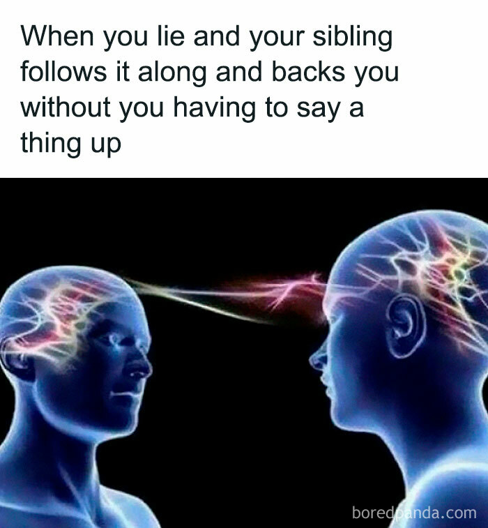 Two glowing blue figures with neural connections illustrating siblings understanding each other without words, sibling memes concept.