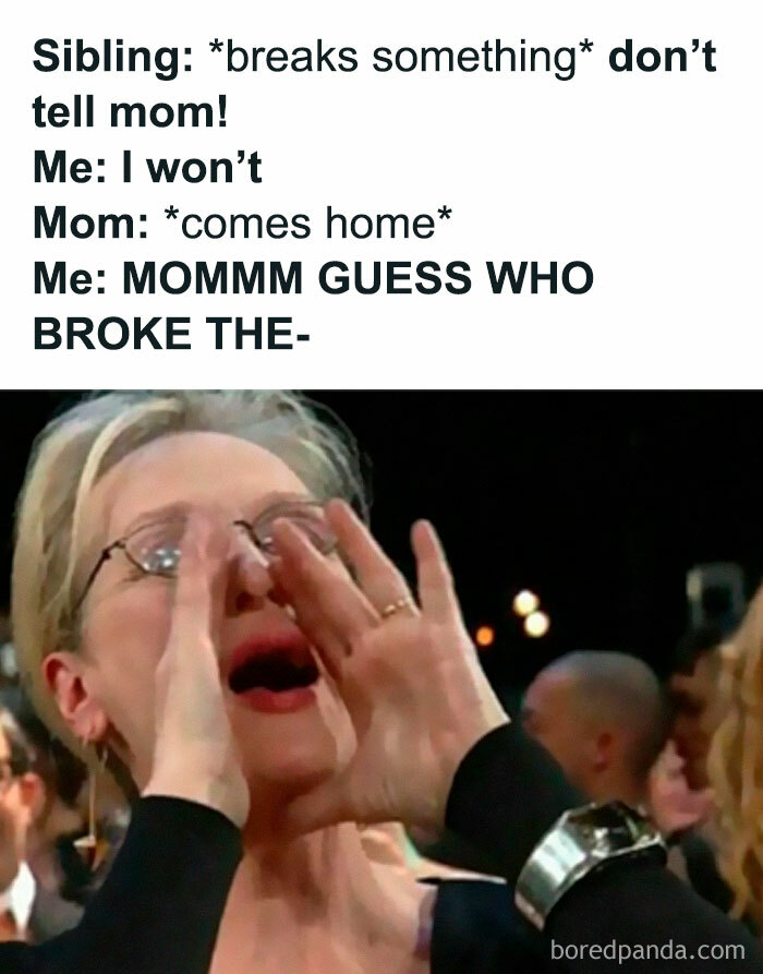 Woman shouting with hands around mouth, illustrating sibling memes about breaking things and telling on each other.