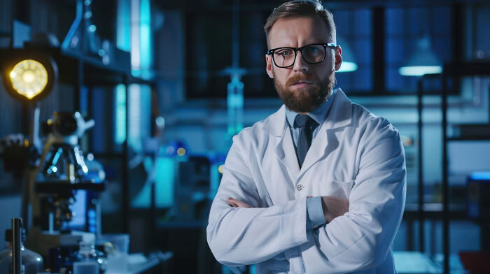 Scientist in a lab coat and glasses standing with arms crossed, representing people most likely to succeed in science.