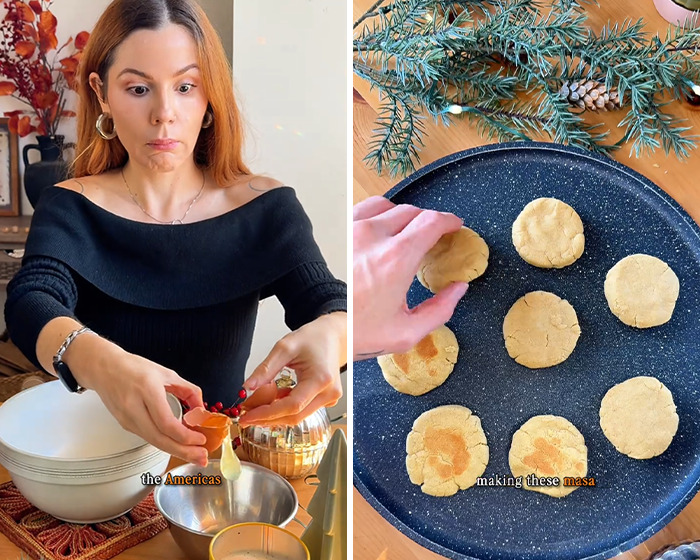 Woman preparing masa dough on a black pan with pine branches nearby, relating to decolonized Christmas traditions. Woman preparing masa dough on a black pan with pine branches nearby, relating to decolonized Christmas traditions.