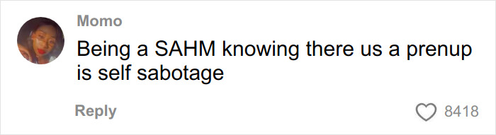 Comment from a user named Momo discussing the challenges of being a SAHM without a prenup and feeling self-sabotaged.