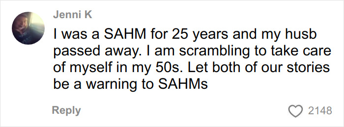 Comment from Jenni K about struggling as a SAHM after loss, highlighting challenges SAHMs face unexpectedly.