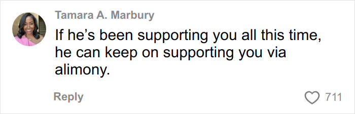 Comment by Tamara A. Marbury advising on alimony support for a stay-at-home mom facing divorce challenges.