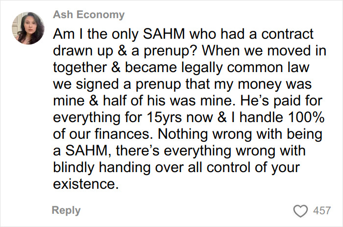 Comment from a SAHM discussing prenuptial agreements and financial control after years of managing finances in marriage.