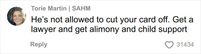 Comment from SAHM offering advice on legal rights regarding alimony and child support after divorce.