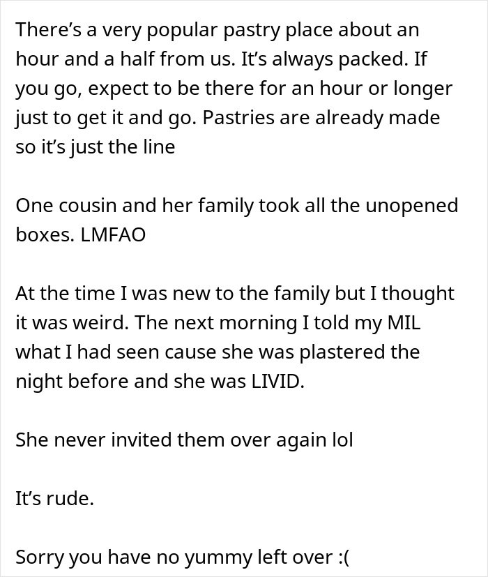 Text excerpt about Thanksgiving host left with empty fridge after family clears all leftovers, highlighting rude behavior.