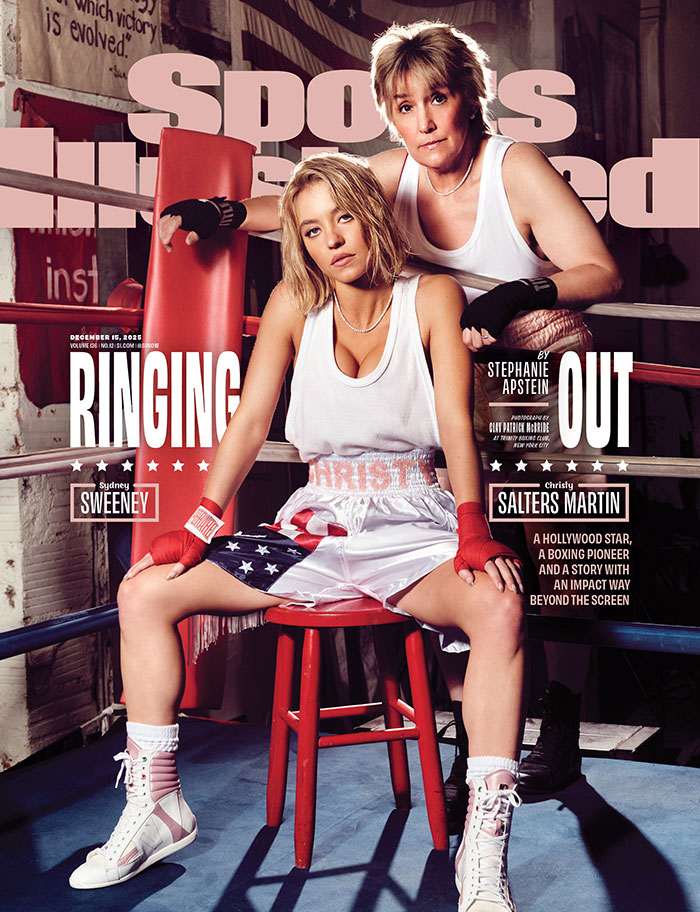 Sydney Sweeney and Christy Salters Martin posing in boxing gear on the Sports Illustrated cover inside a boxing ring.