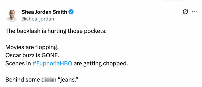 Tweet by Shea Jordan Smith discussing backlash affecting earnings and scenes in Euphoria amid Sydney Sweeney American Eagle ad controversy.