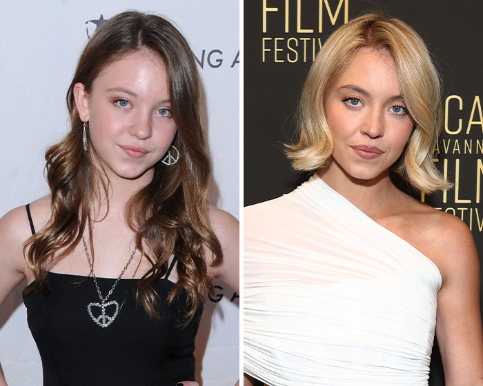 Side-by-side photos of Sydney Sweeney used by fans to call out her natural beauty claim with visual evidence.