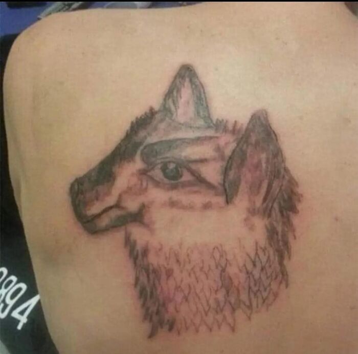 Tattoo of a poorly drawn animal head on a person's back, illustrating one of the worst tattoos shared in an online group.