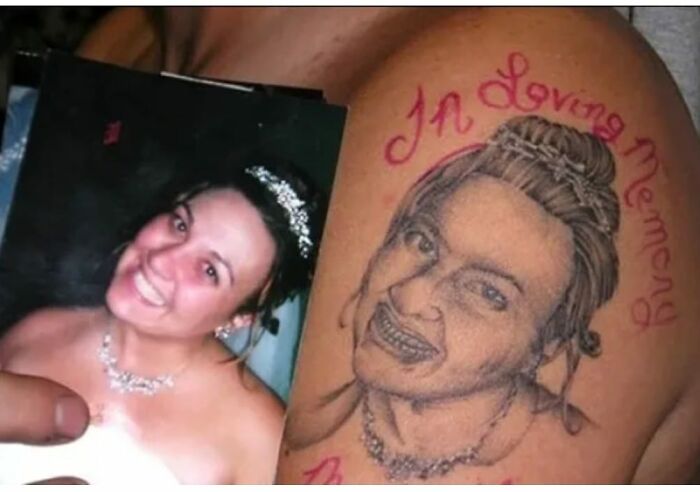 Photo of a poorly done tattoo portrait on a shoulder, compared to the original smiling woman in a photo.