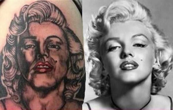Side-by-side comparison of a poorly done Marilyn Monroe tattoo and the original black-and-white photo of her.
