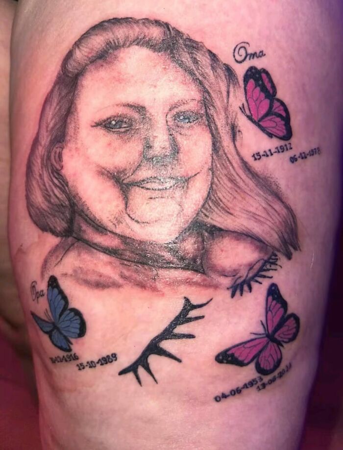 Poorly executed tattoo portrait with butterflies and dates, showing one of the worst tattoos featured in an online group.