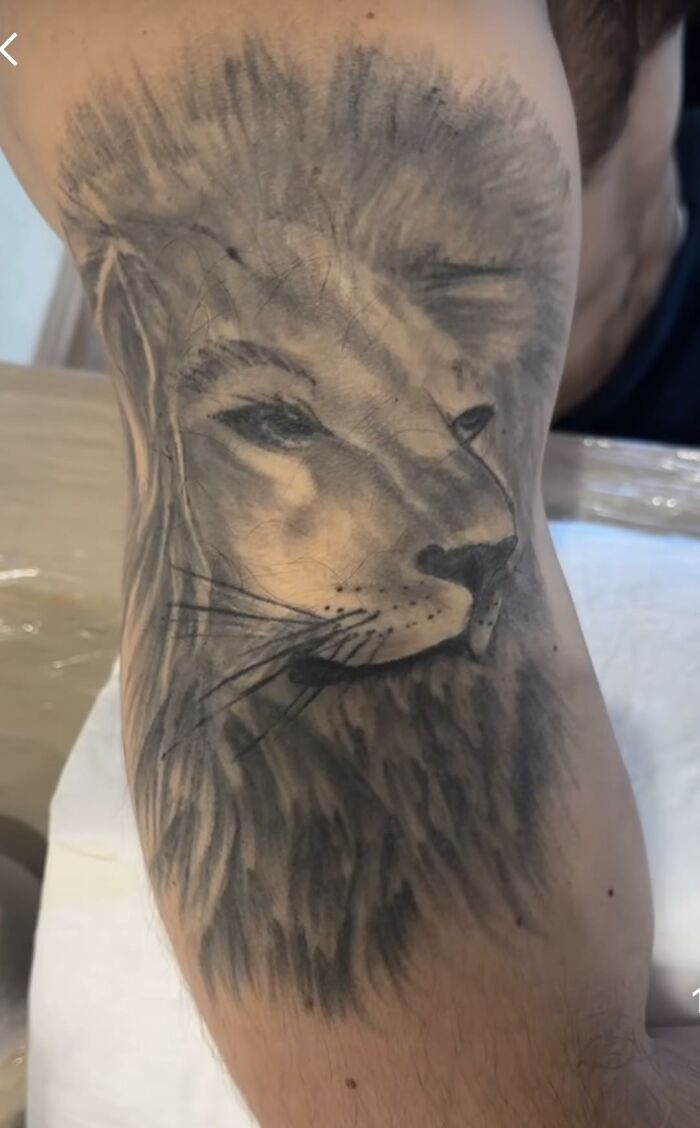 Lion tattoo on forearm with blurred details, featured in an online group dedicated to the worst tattoos out there.