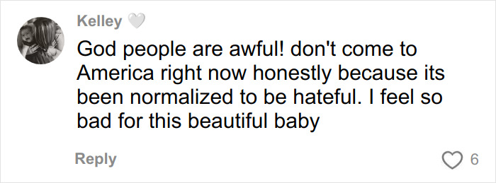 Comment expressing concern about hateful behavior in America and sympathy for a baby amid harsh societal attitudes. Comment expressing concern about hateful behavior in America and sympathy for a baby amid harsh societal attitudes.