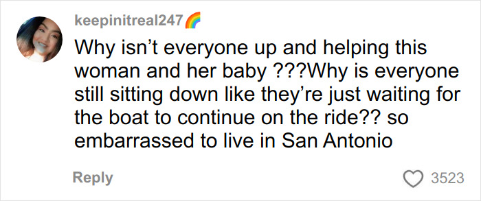 TikTok comment expressing frustration over bystanders not helping a woman and baby during a boat incident involving tourists. TikTok comment expressing frustration over bystanders not helping a woman and baby during a boat incident involving tourists.