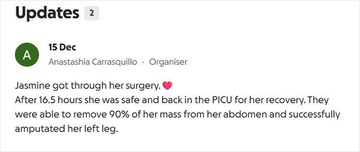 Update text about 14YO girl with rare condition after 16.5-hour surgery to remove mass and amputate leg for recovery.