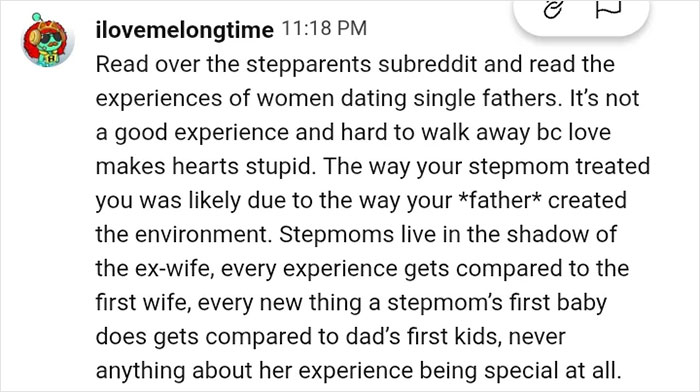 Screenshot of a Reddit comment discussing experiences with stepmothers and challenges of blended family dynamics.